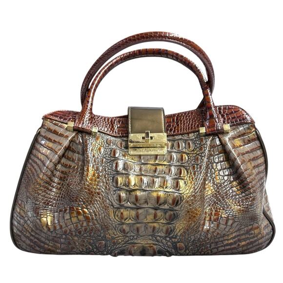 Brahmin Pecan Crocodile Embossed Leather Dual Handle Shoulder Bag Dr Satchel Vtg - Picture 1 of 9